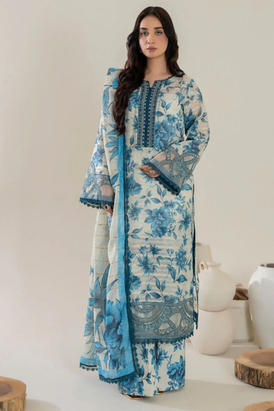 Ivory & Aqua Blue Floral Lawn 3-Piece Suit | Summer Bloom Edition | Khoobsurat 2025 Khoobsurat