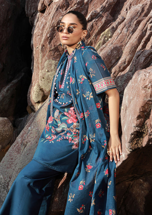 Sana Safinaz Printed Linen 3Pc – Deep Teal with Floral Embroidery - Khoobsurat