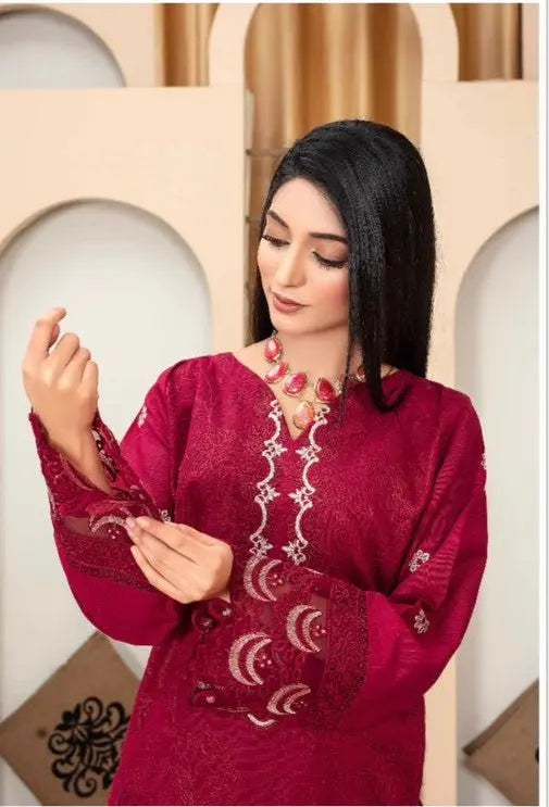 Deep Maroon Embroidered Khaddar Stitched 2-Piece Suit Khoobsurat