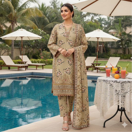 Al Karam Krandi 3 Piece – Beige Floral Elegance - Khoobsurat