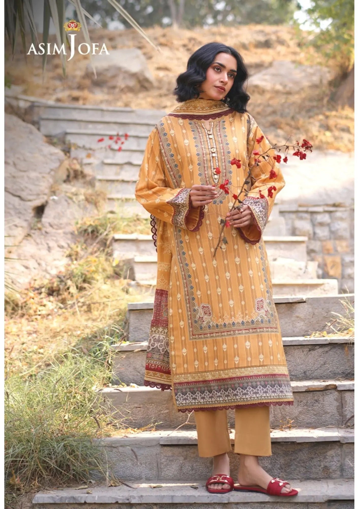 Sunlit Mustard Embroidered Lawn Suit | Traditional Elegance by Asim Jofa | 3-Piece Khoobsurat