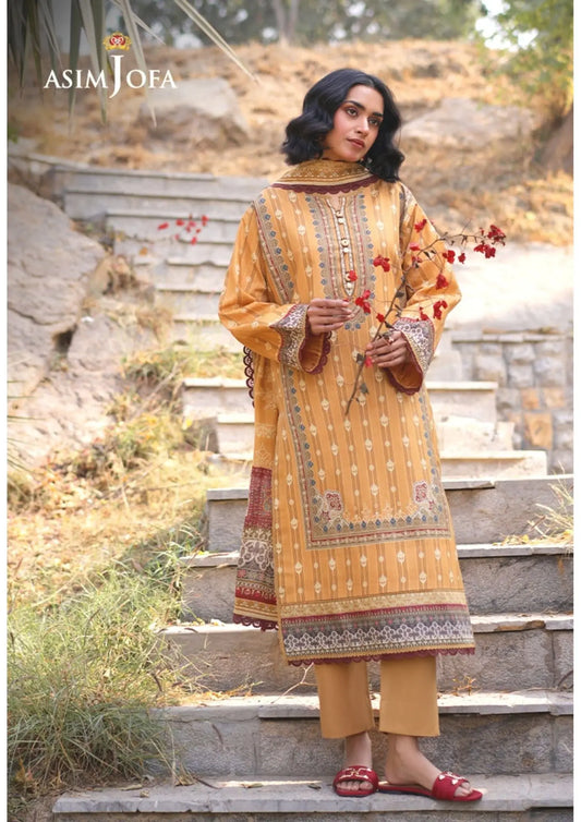 Sunlit Mustard Embroidered Lawn Suit | Traditional Elegance by Asim Jofa | 3-Piece Khoobsurat