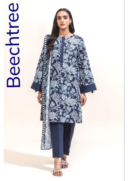 Elegant Blue Printed Lawn Suit with Dupatta - Beech Tree Khoobsurat
