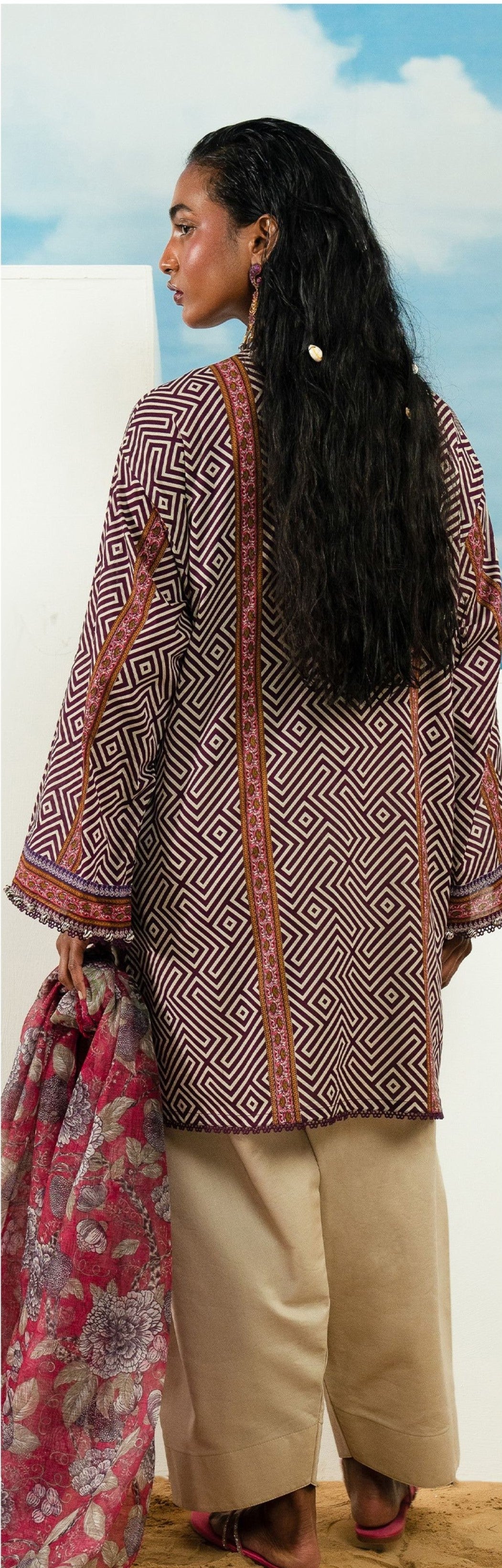 Sana Safinaz Printed Linen3Pc – Plum & Geometric Rose Contrast - Khoobsurat