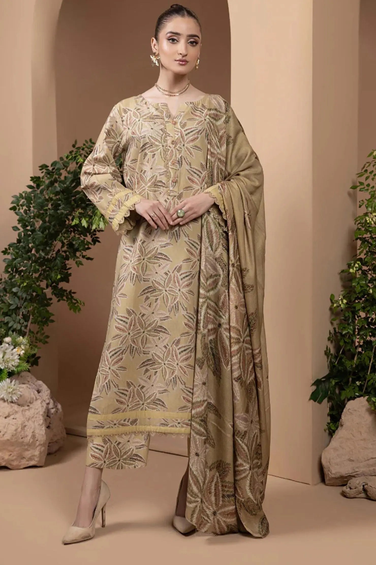 Golden Leaf Beige Lawn 3-Piece Suit | Subtle Luxe Collection | Khoobsurat 2025 Khoobsurat