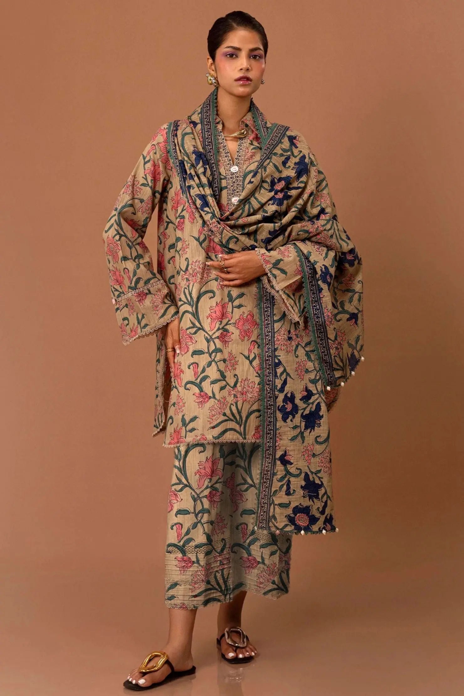 Vintage Blossom Beige 3-Piece Lawn Suit | Elegant Floral Ensemble | Khoobsurat 2025 Khoobsurat