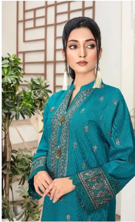 Teal Blue Embroidered Khaddar Stitched 2-Piece Suit Khoobsurat