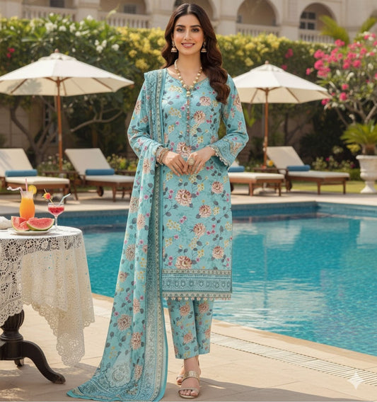 Al Karam Krandi 3 Piece – Sky Blue Floral Serenity - Khoobsurat