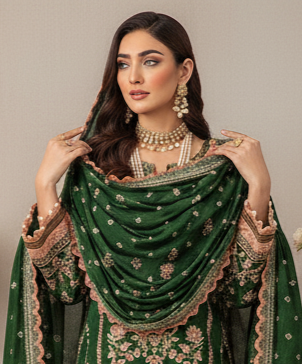Hooriya Gold Viscose 3 Piece – Emerald Green Regal Charm - Khoobsurat