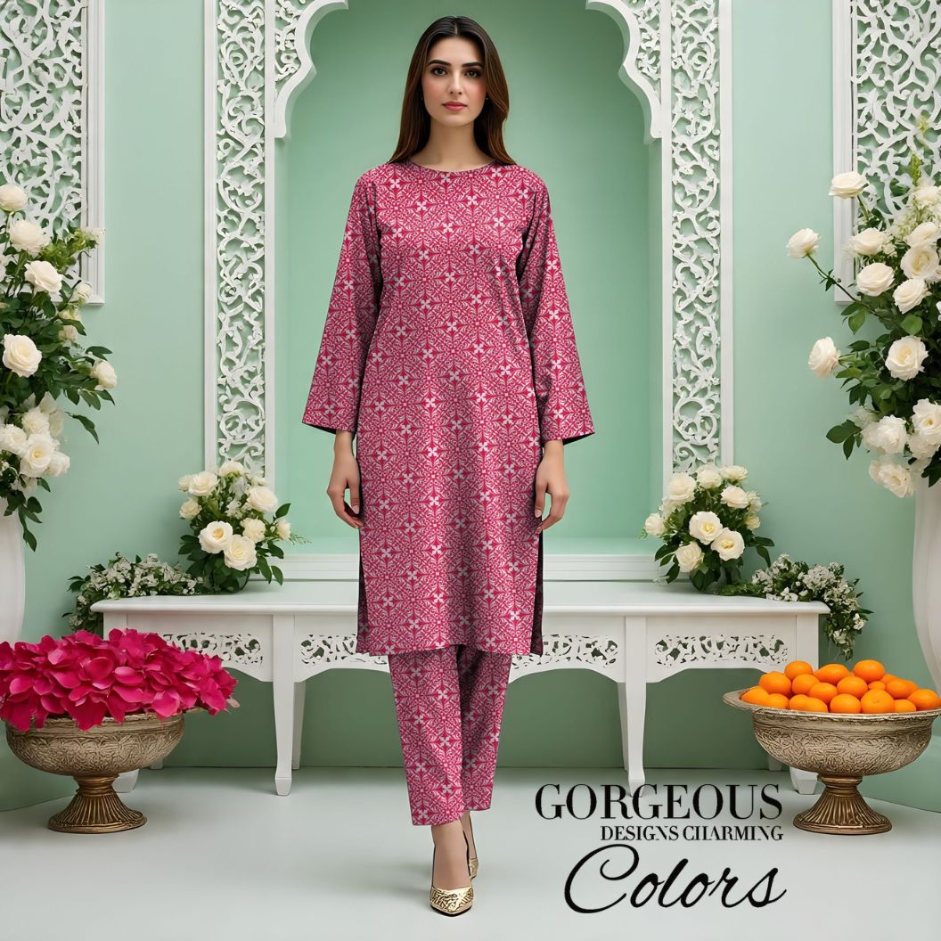 Rangmehr by Virsaah Kotrai – 2PC Allover Pink - Khoobsurat