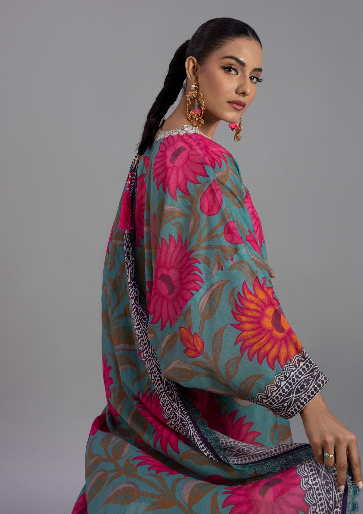 Sana Safinaz Printed Linen 3Pc – Teal & Fuchsia Floral - Khoobsurat