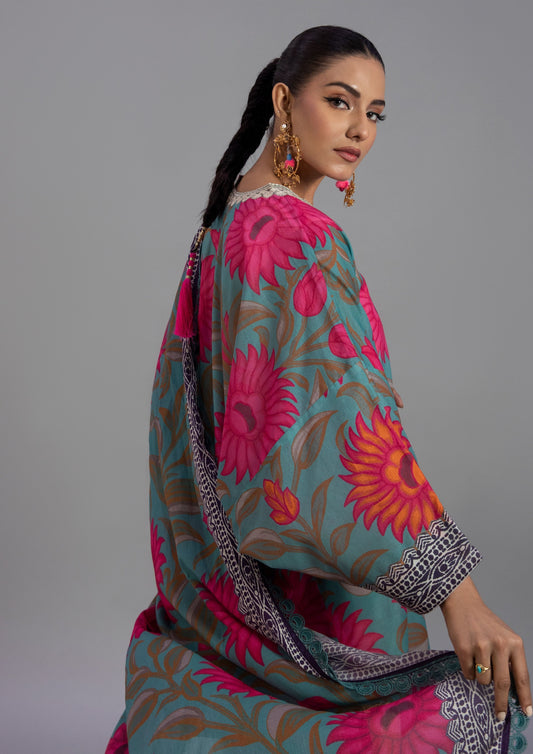 Sana Safinaz Printed Linen 3Pc – Teal & Fuchsia Floral - Khoobsurat
