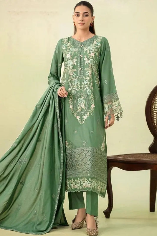 Luxury Embroidered Unstitched 3-Piece – Sage Green with Intricate Threadwork Khoobsurat