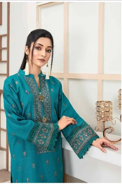Teal Blue Embroidered Khaddar Stitched 2-Piece Suit Khoobsurat