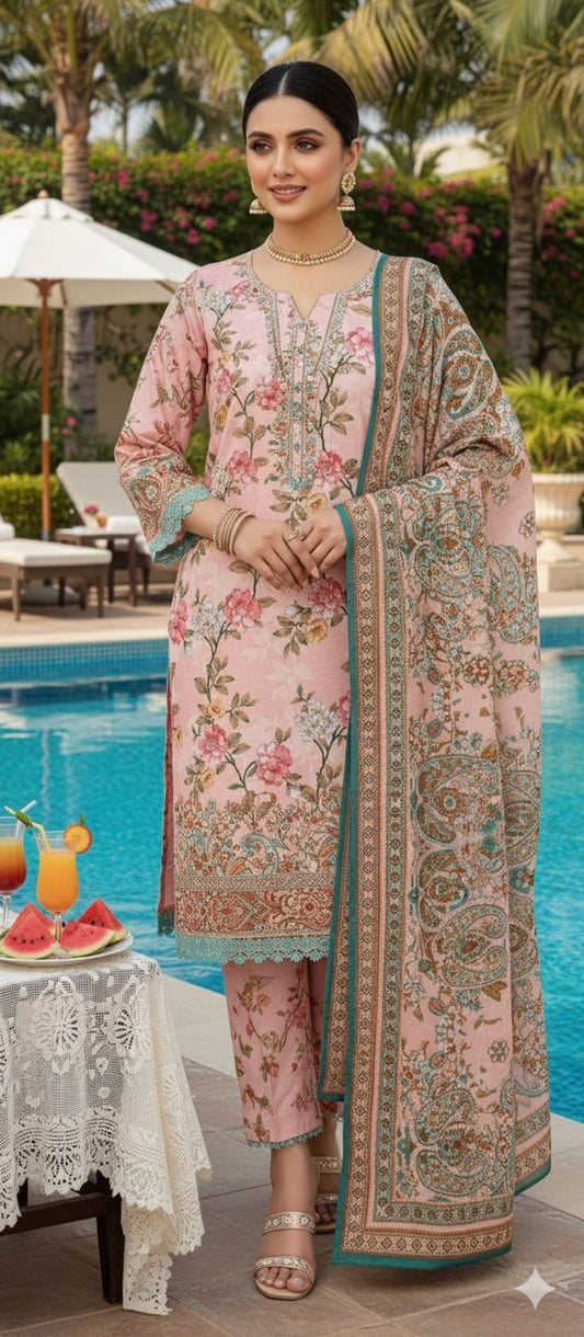 Al Karam Krandi 3 Piece – Blush Pink Floral Charm - Khoobsurat