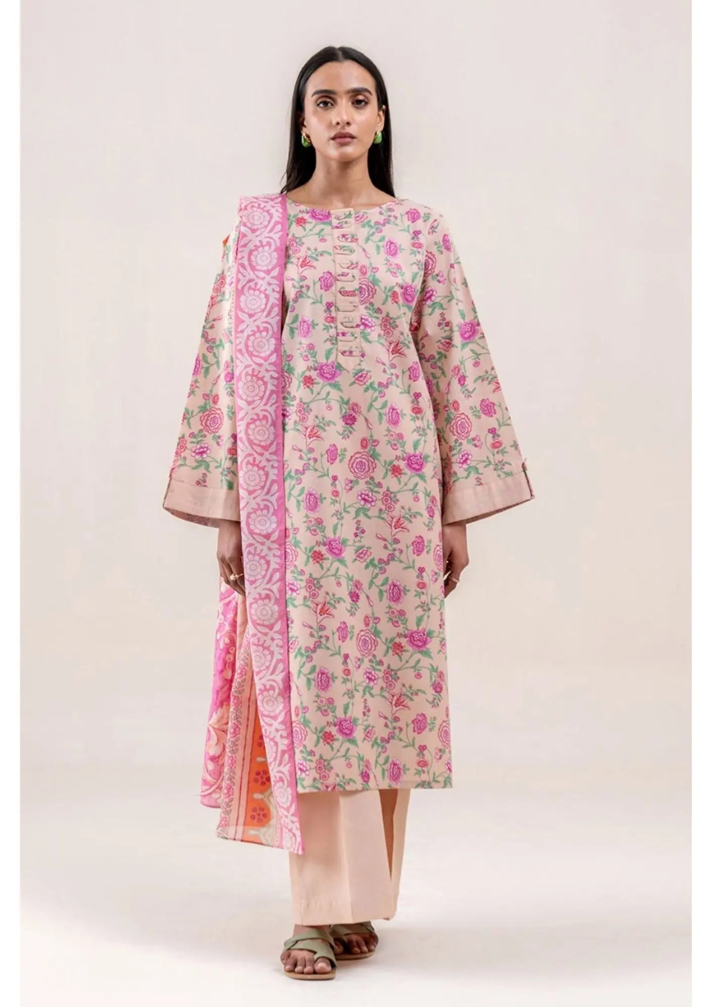 Beech Tree Peach & Pink Floral Printed Lawn Dress - 3 Piece Khoobsurat