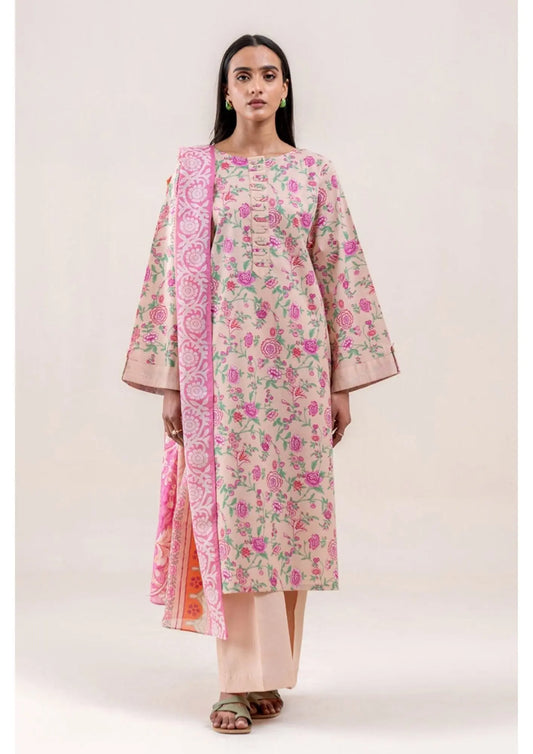 Beech Tree Peach & Pink Floral Printed Lawn Dress - 3 Piece Khoobsurat