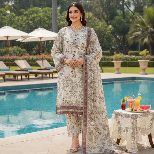 Al Karam Krandi 3 Piece – Ivory Blossom Elegance - Khoobsurat