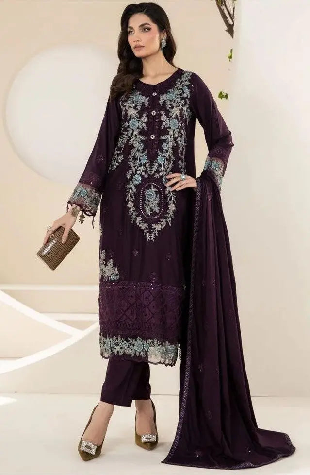 Luxury Embroidered Unstitched 3-Piece – Deep Plum with Silver Threadwork Khoobsurat
