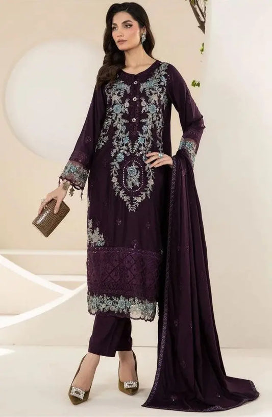 Luxury Embroidered Unstitched 3-Piece – Deep Plum with Silver Threadwork Khoobsurat