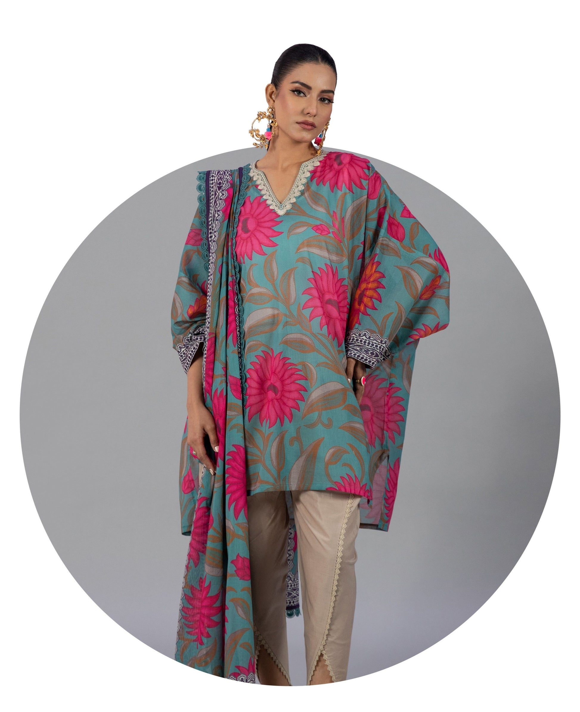 Sana Safinaz Printed Linen 3Pc – Teal & Fuchsia Floral - Khoobsurat
