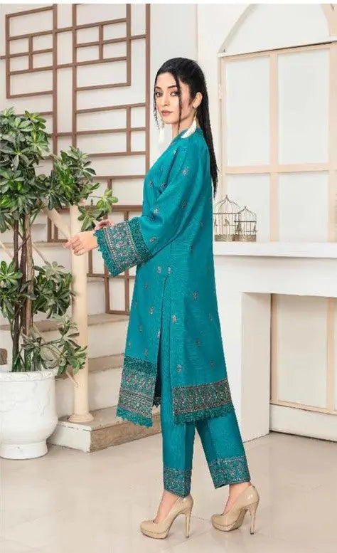 Teal Blue Embroidered Khaddar Stitched 2-Piece Suit Khoobsurat