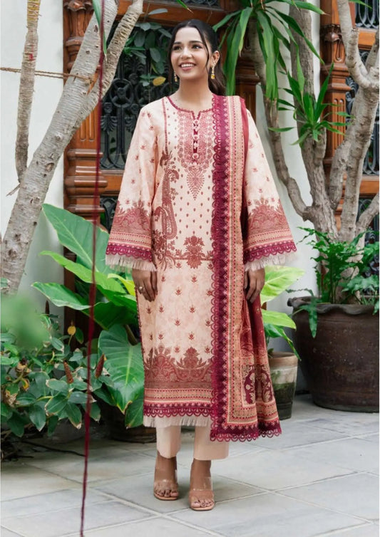 Peach & Maroon Embroidered Lawn Suit | Asim Jofa | 3-Piece Khoobsurat