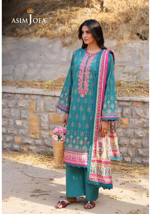 Teal & Pink Embroidered Lawn Suit | Asim Jofa | 3-Piece Khoobsurat