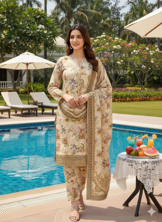 Al Karam Krandi 3 Piece – Golden Beige Floral Grace - Khoobsurat