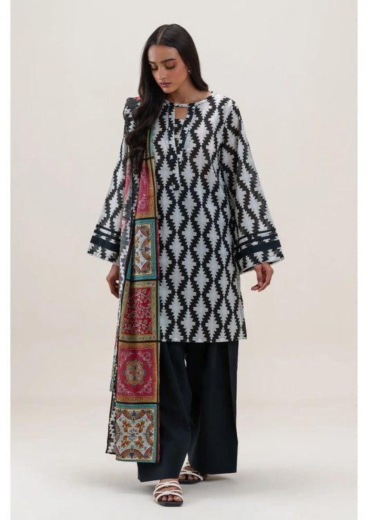 Elegant Black and White Printed Lawn Suit with Dupatta - Beech Tree Khoobsurat
