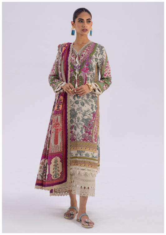 Sana Safinaz Printed Linen 3Pc – Ivory & Multicolor Heritage Motifs - Khoobsurat