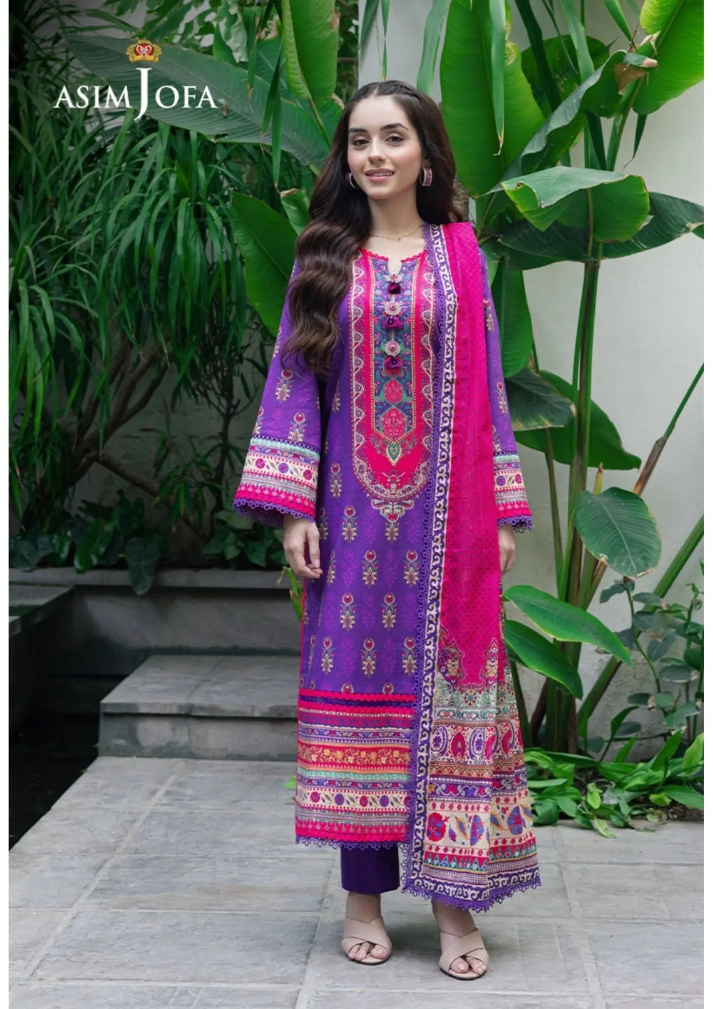 Purple & Pink Embroidered Lawn Suit | Asim Jofa | 3-Piece Khoobsurat