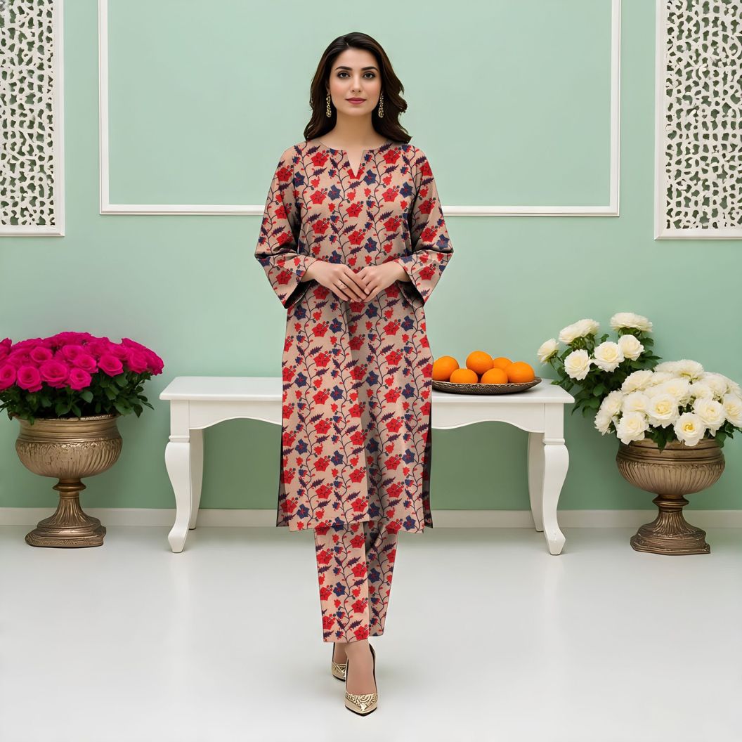Rangmehr by Virsaah Kotrai – 2PC Allover Beige Floral - Khoobsurat