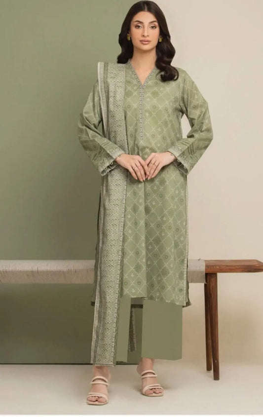 Olive Grace - 3 Piece Printed Lawn Suit | Subtle Elegance in Sage Green Khoobsurat