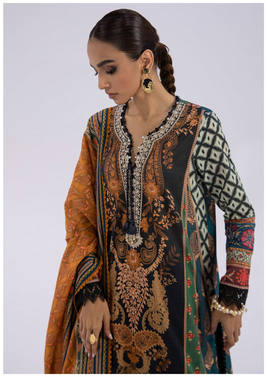 Sana Safinaz Printed Linen 3Pc – Black & Rust Ethnic Fusion - Khoobsurat