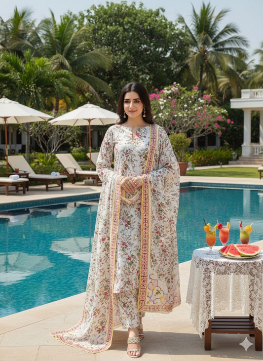 Al Karam Krandi 3 Piece – Fresh White Floral Delight - Khoobsurat