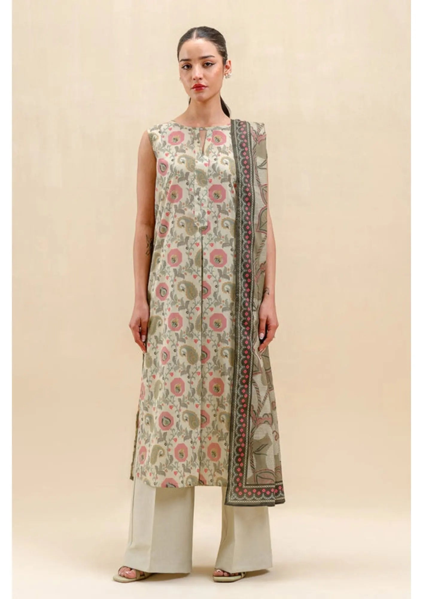 Elegant Beige Printed Lawn Suit with Dupatta - Beech Tree Khoobsurat