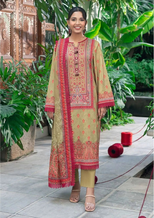 Olive Green & Red Embroidered Lawn Suit | Asim Jofa | 3-Piece Khoobsurat
