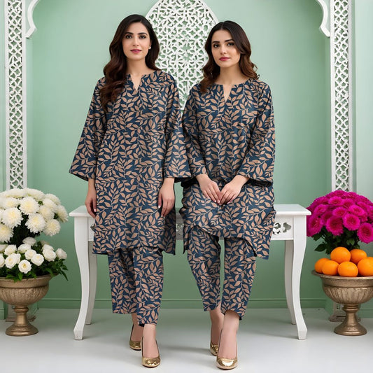 Rangmehr by Virsaah Kotrai – 2PC Allover Leaf Print - Khoobsurat