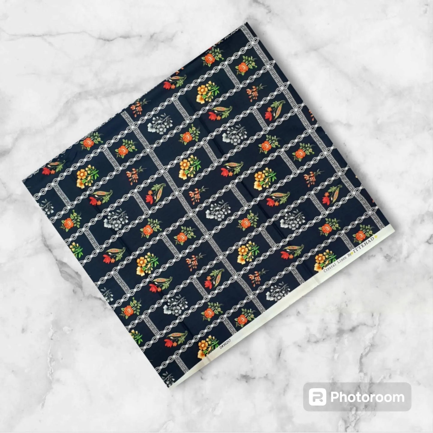 ITTEHAD Crystal Linen – Navy Geometric Floral 2 Piece Unstitched Suit Khoobsurat
