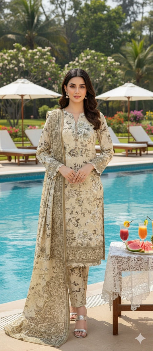 Al Karam Krandi 3 Piece – Classic Beige Floral Charm - Khoobsurat