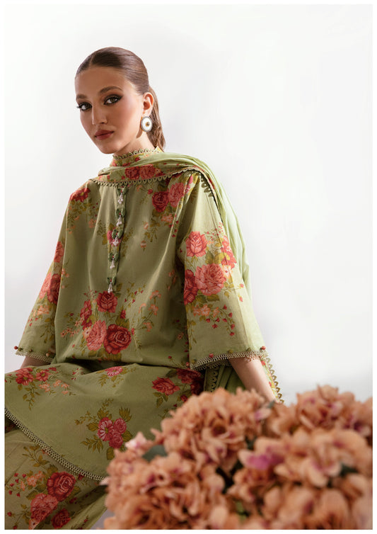 Sana Safinaz Printed Linen 3Pc – Olive Green with Rose Florals - Khoobsurat