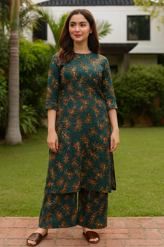 Bin Saeed Cotrai 2-Piece Printed Suit – Green Floral - Khoobsurat