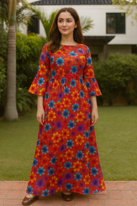 Bin Saeed Cotrai 2-Piece Printed Suit – Bright Floral Red - Khoobsurat