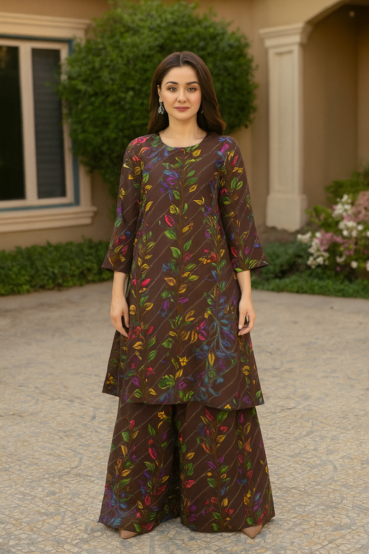 Bin Saeed Cotrai 2-Piece Printed Suit – Brown Multicolor - Khoobsurat