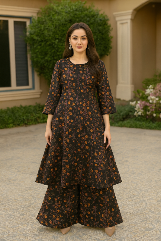 Bin Saeed Cotrai 2-Piece Printed Suit – Black & Orange Floral - Khoobsurat