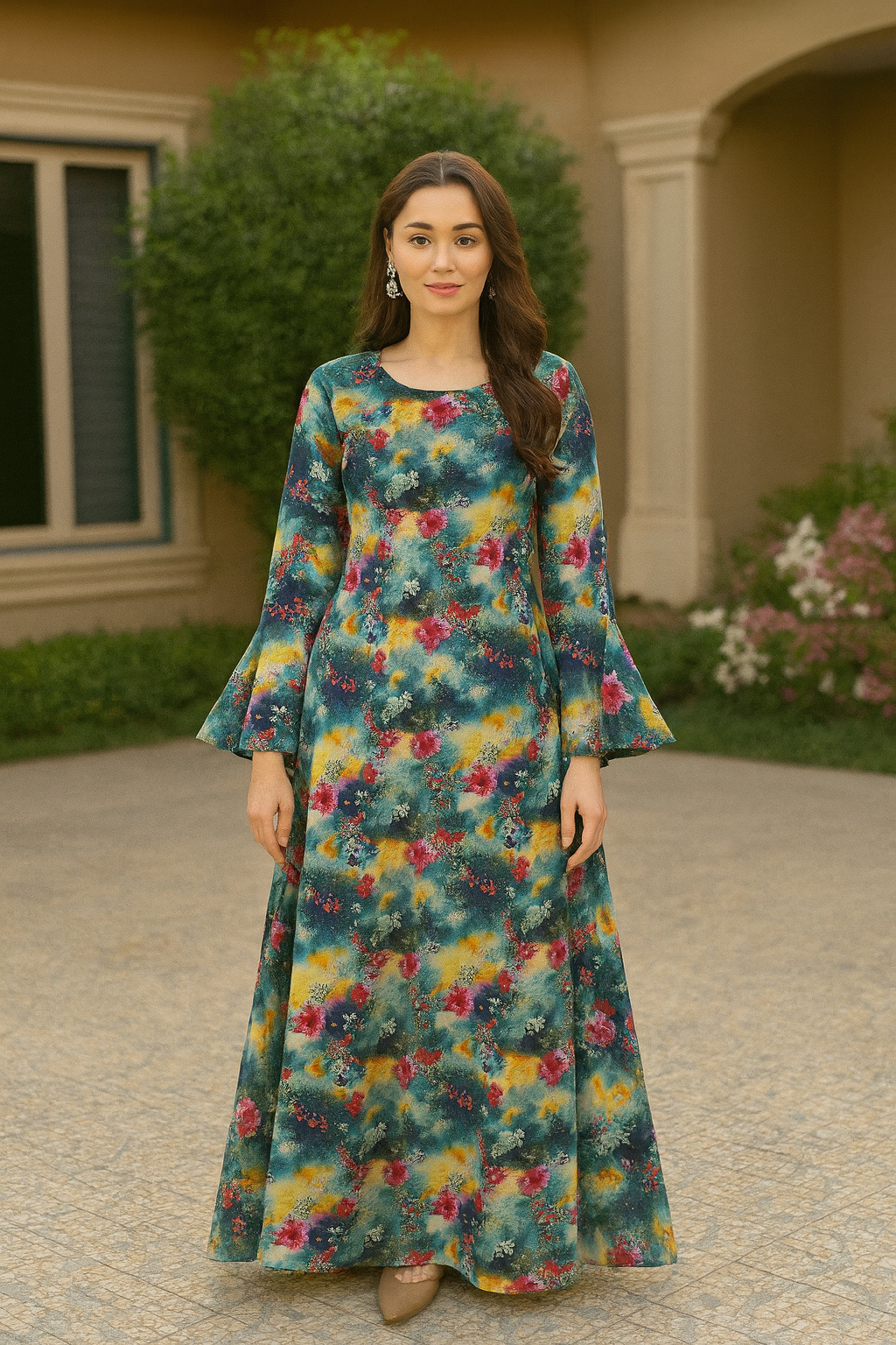 Bin Saeed Cotrai 2-Piece Printed Suit – Teal & Multicolor Floral - Khoobsurat