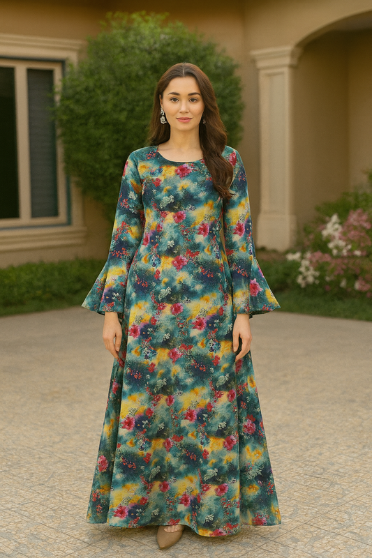 Bin Saeed Cotrai 2-Piece Printed Suit – Teal & Multicolor Floral - Khoobsurat