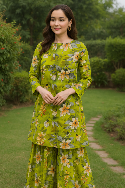Bin Saeed Cotrai 2-Piece Printed Suit – Fresh Green Floral - Khoobsurat