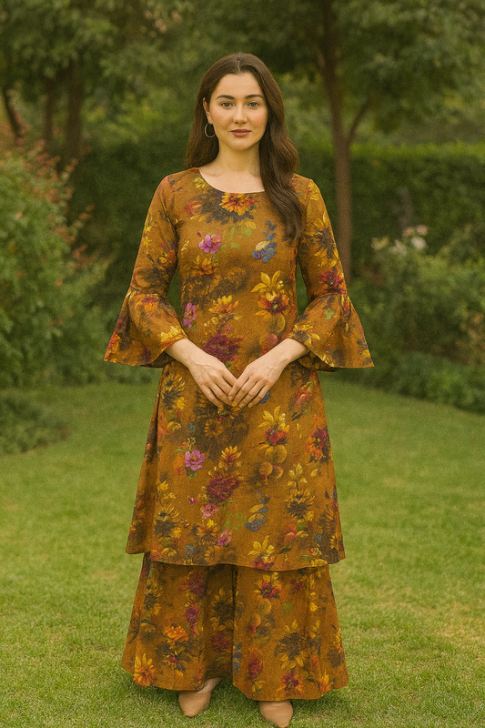 Bin Saeed Cotrai 2-Piece Printed Suit – Mustard Floral Elegance - Khoobsurat